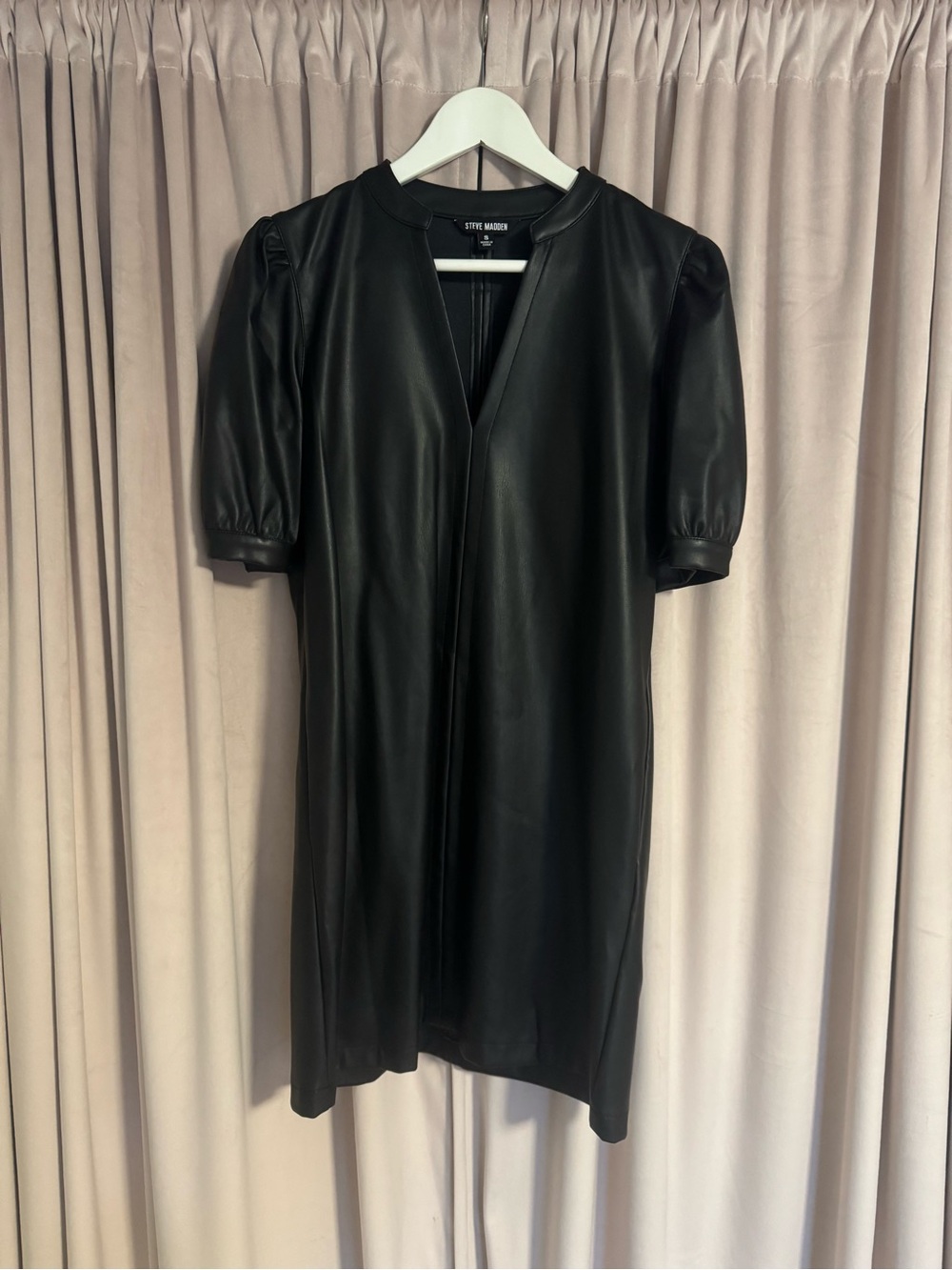 Steve Madden Black Faux Leather Puff-Sleeve Mini Dress